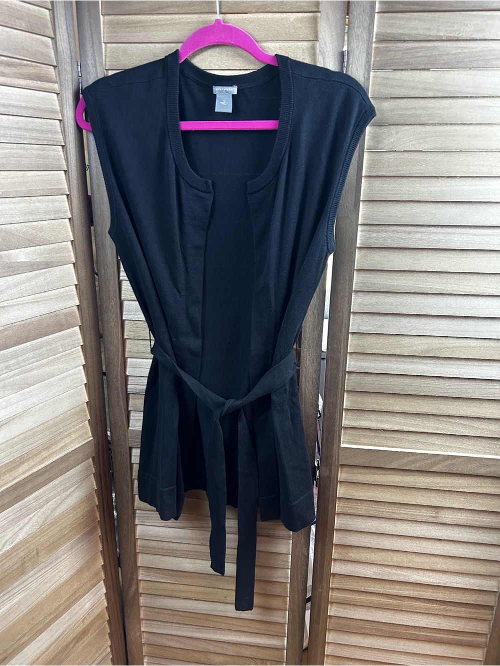 Ann Taylor Black Longline Sweater Vest Cardigan M Belted 100% Cotton